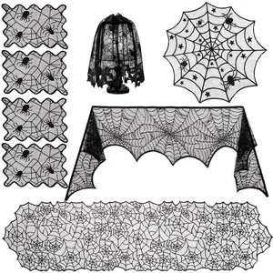 SUNNYGLADE 8 Pack Halloween Spider Cobweb Lace Tablecloth Set,Fireplace Mantel Scarf & Lace Table Runner & Round Table Cover & Spider Lampshade & Rectangular Placemat for Halloween Party Decorations
