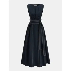 Cotton Linen Sleeveless Belted Maxi Dress