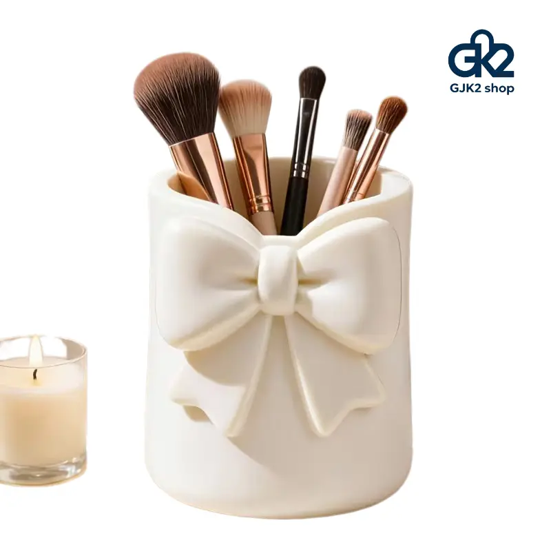 Cute 3D Bowknot Pen Holder, Matte Creamy White Desktop Accessory, Stationary Organizer for Vanity and Home Office Storage, Desktop Accessories, Office Desk Accessory