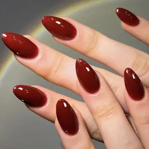 Cherry Red Press on Nails Medium Almond, Handmade Jelly Soft Gel Dark Red Glue on Nails Stiletto, Burgundy Emo Fake Nails Short Oval, Reusable Acrylic Stick on False Nails Kit for Women