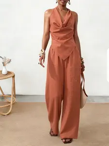 Two-Piece Set Women's Off-Shoulder Asymmetric Top & Wide-Leg Pants, Casual Halter Backless Design for Daily Wear, Travel, Vacation, Outings, Dates & Parties