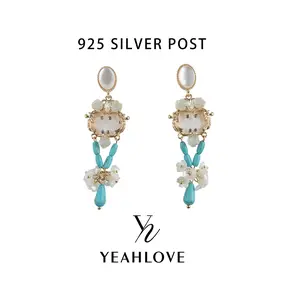 YEAHLOVE Boho Turquoise & Mother-of-Pearl Floral Drop Earrings  925 sterling silver posts — hypoallergenic, sensitive ears friendly. Vintage romantic statement style. Perfect for daily wear, parties, or gifting.