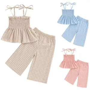 Toddler Girl Summer Clothes Baby Checkered Smocked Linen Camisole Tops Wide Leg Long Pants Two Piece Casual Outfit