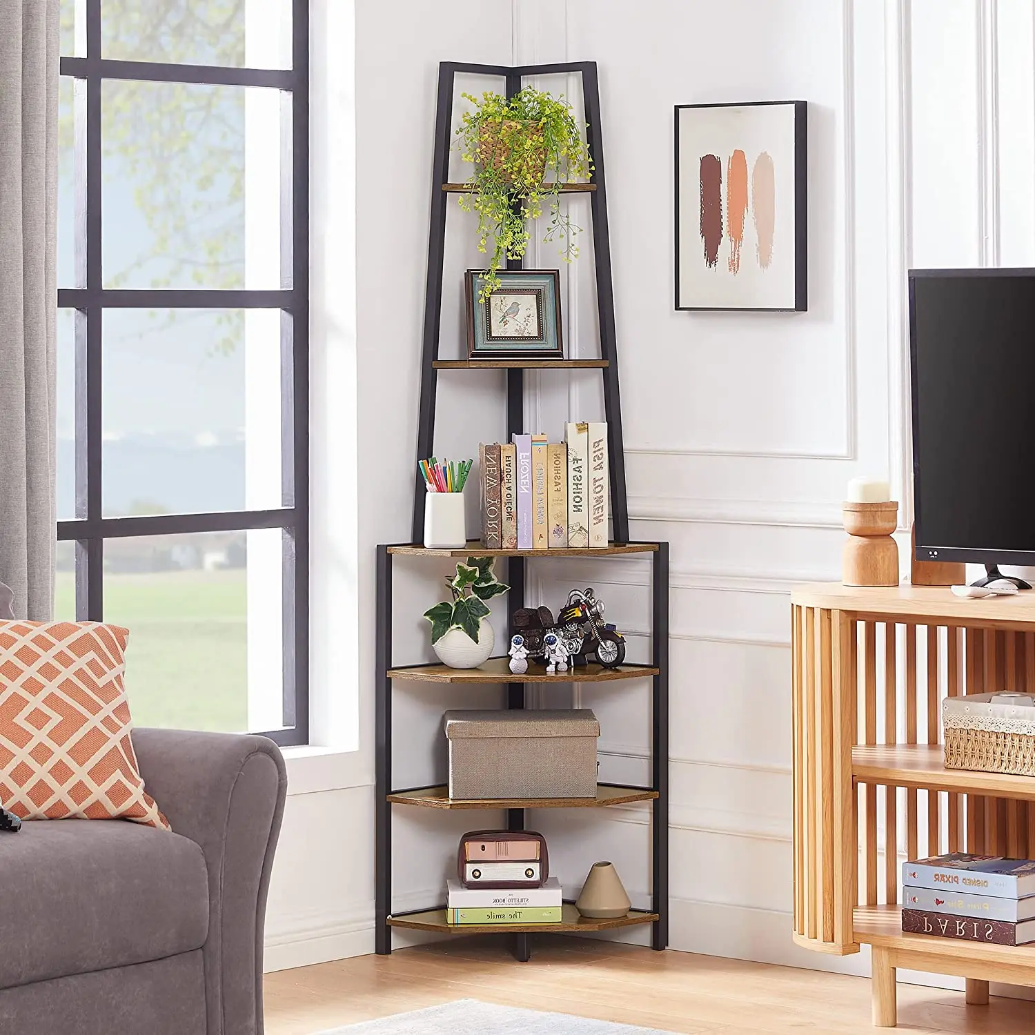VECELO 6-Layer Corner Shelf, Multi-Function Triangle Bookshelf With Open Display Shelf, Flower Stand, Suitable For Bedroom, Living Room, Kitchen, Home Office, Gold, Brown
