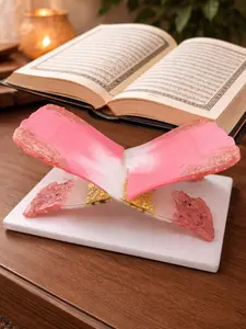 Gold Vein Quran Stand Decor Handcrafted Resin with Blush Pink White Tones Gold Flakes & Crystal Details for Prayer Corners