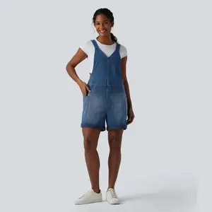 Halara Flex V Neck Rolled Hem Washed Denim Casual Overalls with Pockets