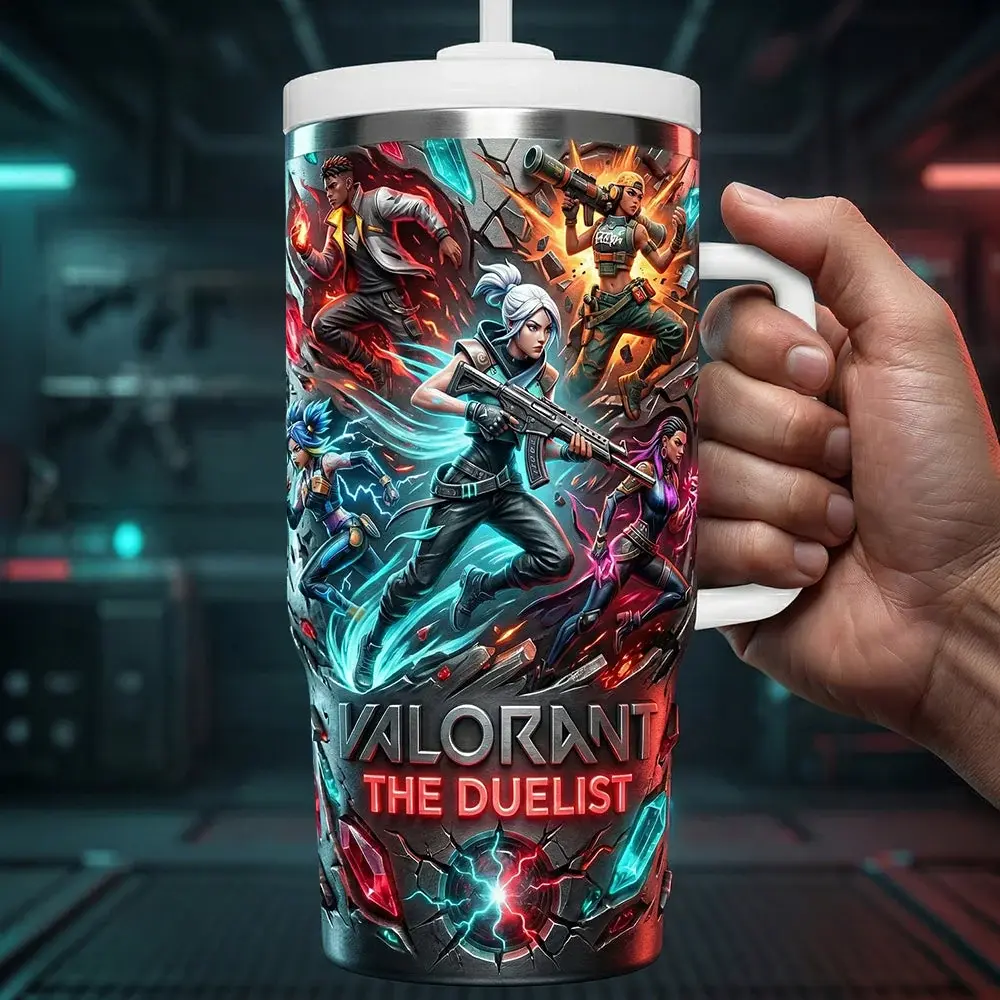 Valorant The Duelist 40oz Tumbler with Handle & Straw, Jett Phoenix Raze Reyna Gaming Insulated Cup, Tactical Shooter Travel Mug, Colorful Esports Gamer Gift for FPS Fans