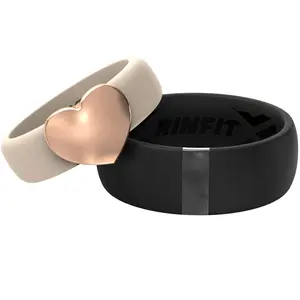Silicone Wedding Ring Sets for Couple - MetalBar & Metal Heart Collection. (Black - Gunmetal Gray / Nude -Rose gold)