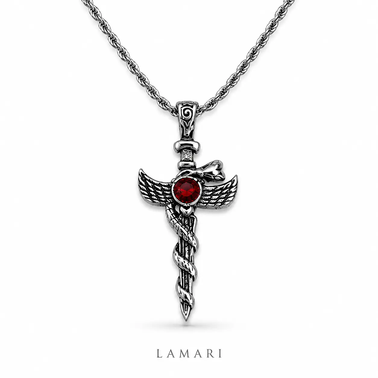 LAMARI Gothic Sword Pendant Necklace for Women Men, Red Crystal Winged Snake Charm Necklace, Vintage Punk Dark Aesthetic Jewelry for Halloween, Party & Daily Wear