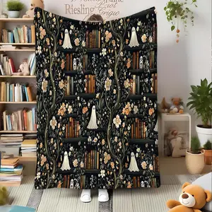 Halloween Cartoon Ghost & Bookshelf Print Flannel Blanket, Soft Cozy Throw for Bed Office Decor Gift Idea, Perfect for Christmas Festival