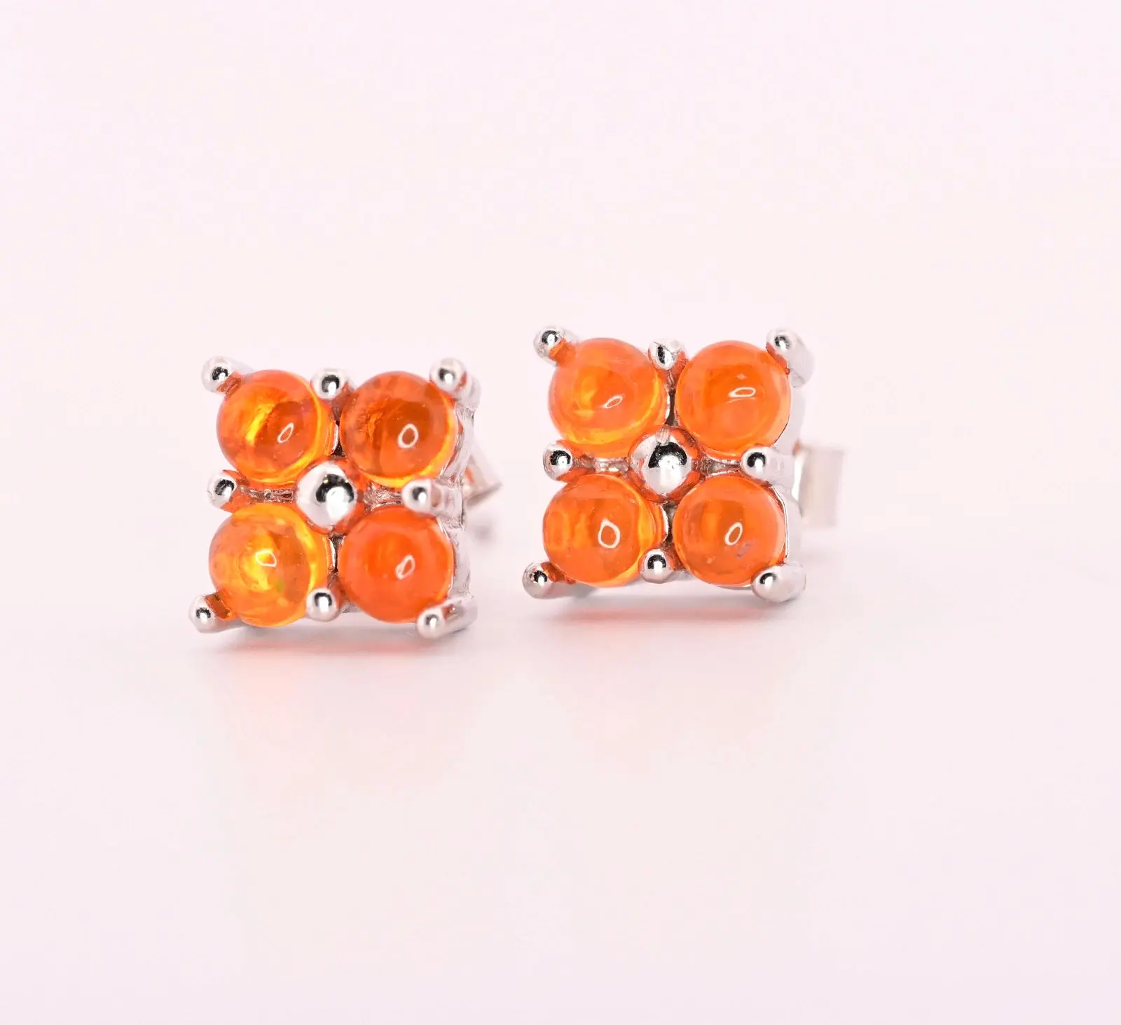 Natural Orange Opal Cabochon Stud Earrings set in Silver