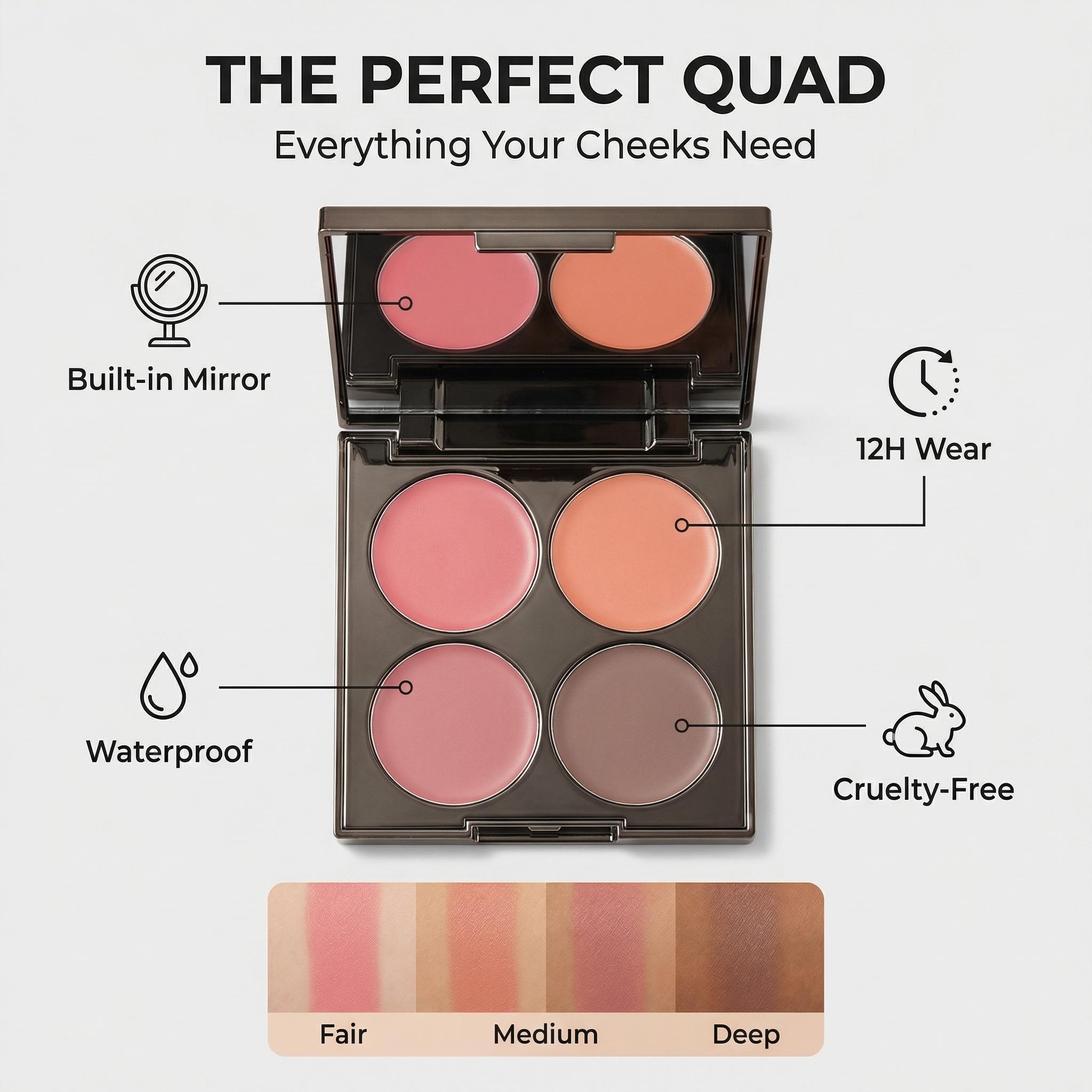 This 4-color blush cream palette is a game-changer for a natural, dewy flush. Buttery-soft texture blends seamlessly without caking or fading—perfect for busy mornings! Shades range from rosy pink to warm terracotta, suiting every skin tone and occasion.