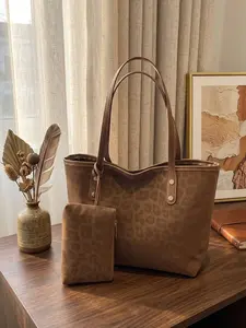 Women's Large Capacity Leopard Print Tote Bag, Fashionable Shopping Bag, 2 Piece Set, Dual Handles, Zipper Closure, Ideal for Shopping and Travel
