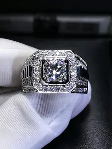 Luxury Men's Square Princess Cut Silver Ring, Inlaid Shiny Crystal, Fashionable Engagement & Wedding Band for Men
