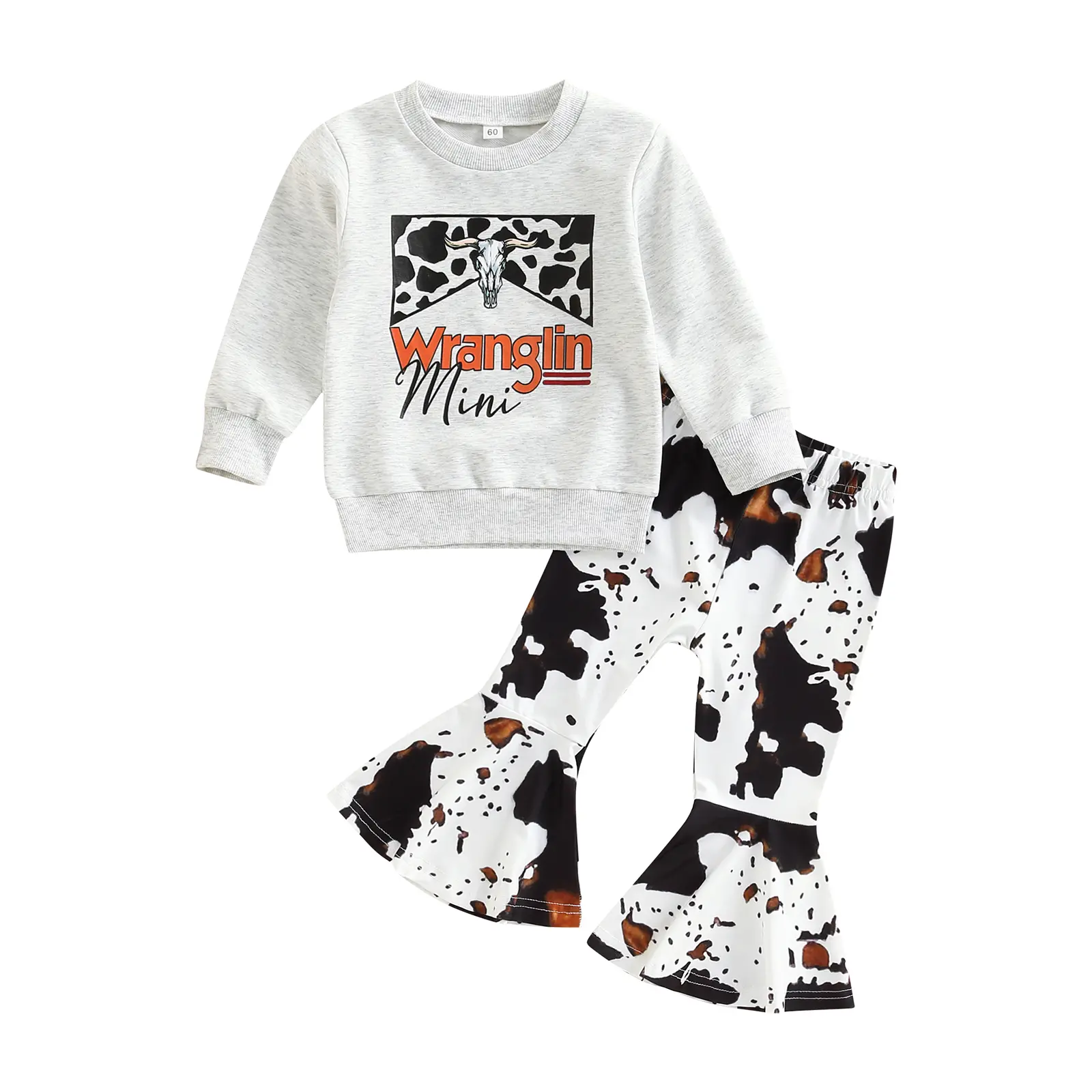 Toddler Baby Girl Western Clothes Bell Bottoms Long Sleeve Cowgirl Sweatshirt Flared Pants Set 2Pcs Cow Outfit