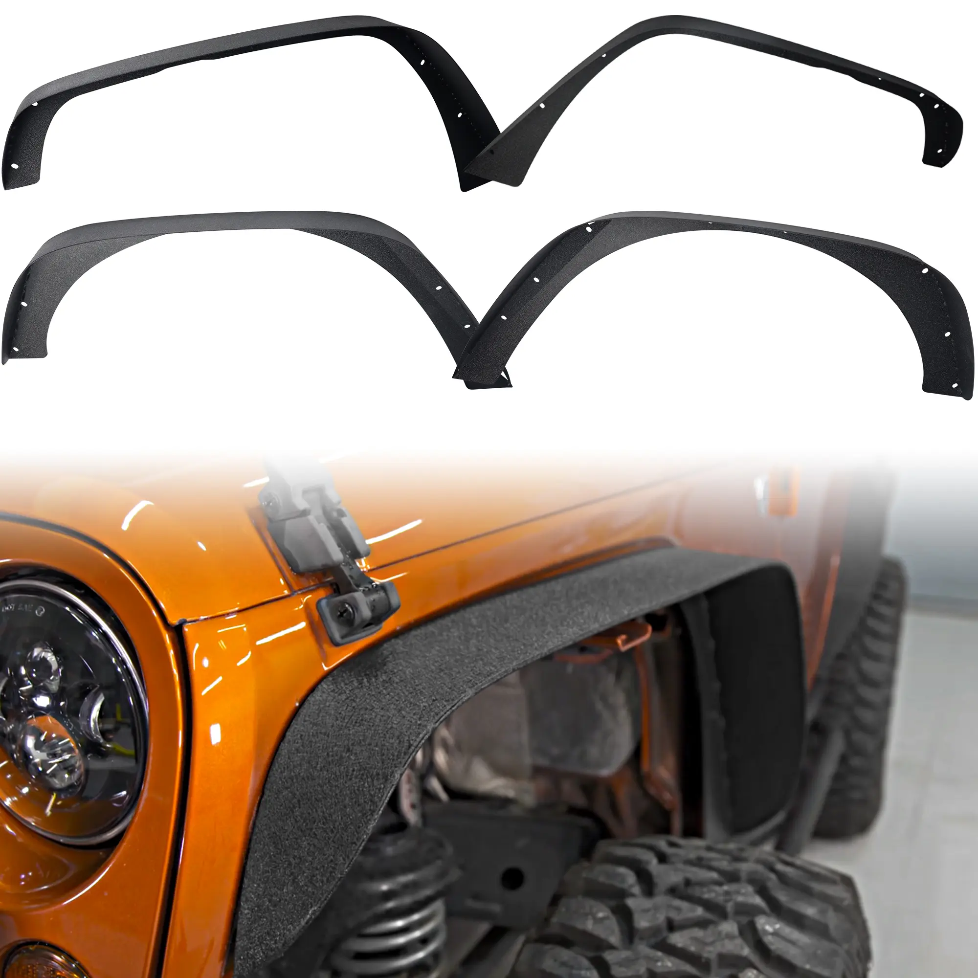 MONOKING 4PCS Flat Style Fender Flares Kit for 2007-2018 Jeep Wrangler JK JKU Unlimited 2/4 Door, Heavy Duty Carbon Steel Off-Road Wheel Arch Trim, High Clearance Black Textured Paintable Mud Guard Molded Dash Cover SUVs