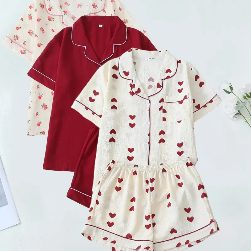 Romantic Heart Floral Pajama Set for Girls, Cute Short Sleeve Top & Shorts, Comfortable All-Season Home Wear, 6-Piece Casual, Love Print Sleepwear