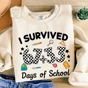HappyShift - Survived 67+33 Days of School Shirt, 100 Days School Tee, Funny Student School Sweatshirt, Cute Classroom 100th Day Shirt, Six Seven Shirt
