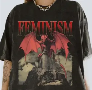 Vintage 90s Feminism Dragon Fantasy Tee, Short Sleeve Basic Menswear Tshirt Crewneck
