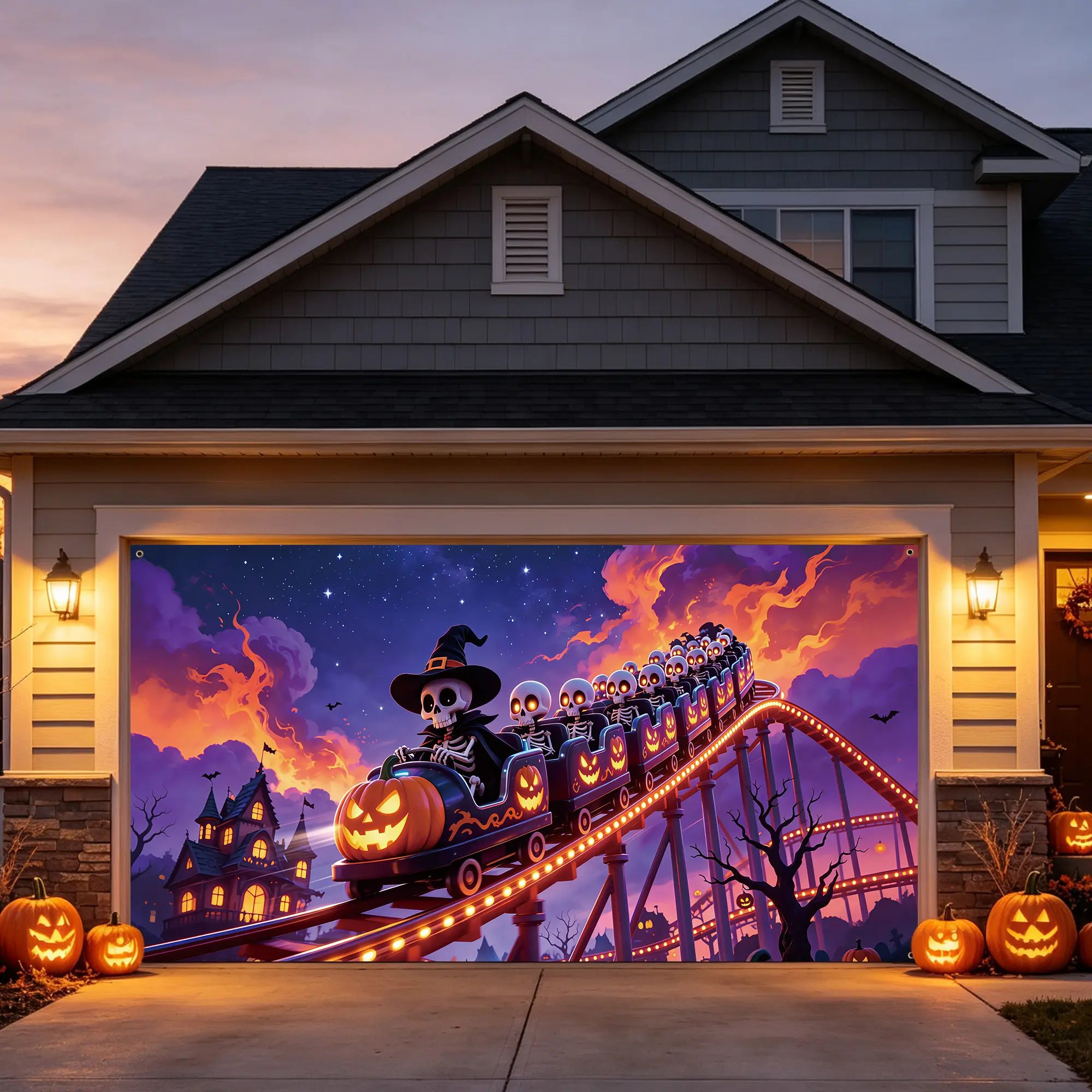 Halloween Garage Door Cover, Skeleton Pumpkin Roller Coaster Large Hanging Backdrop, Outdoor Indoor Halloween Decorations for Home Yard Garage Wall Party Photo Background, 7 x 8 FT / 7 x 16 FT