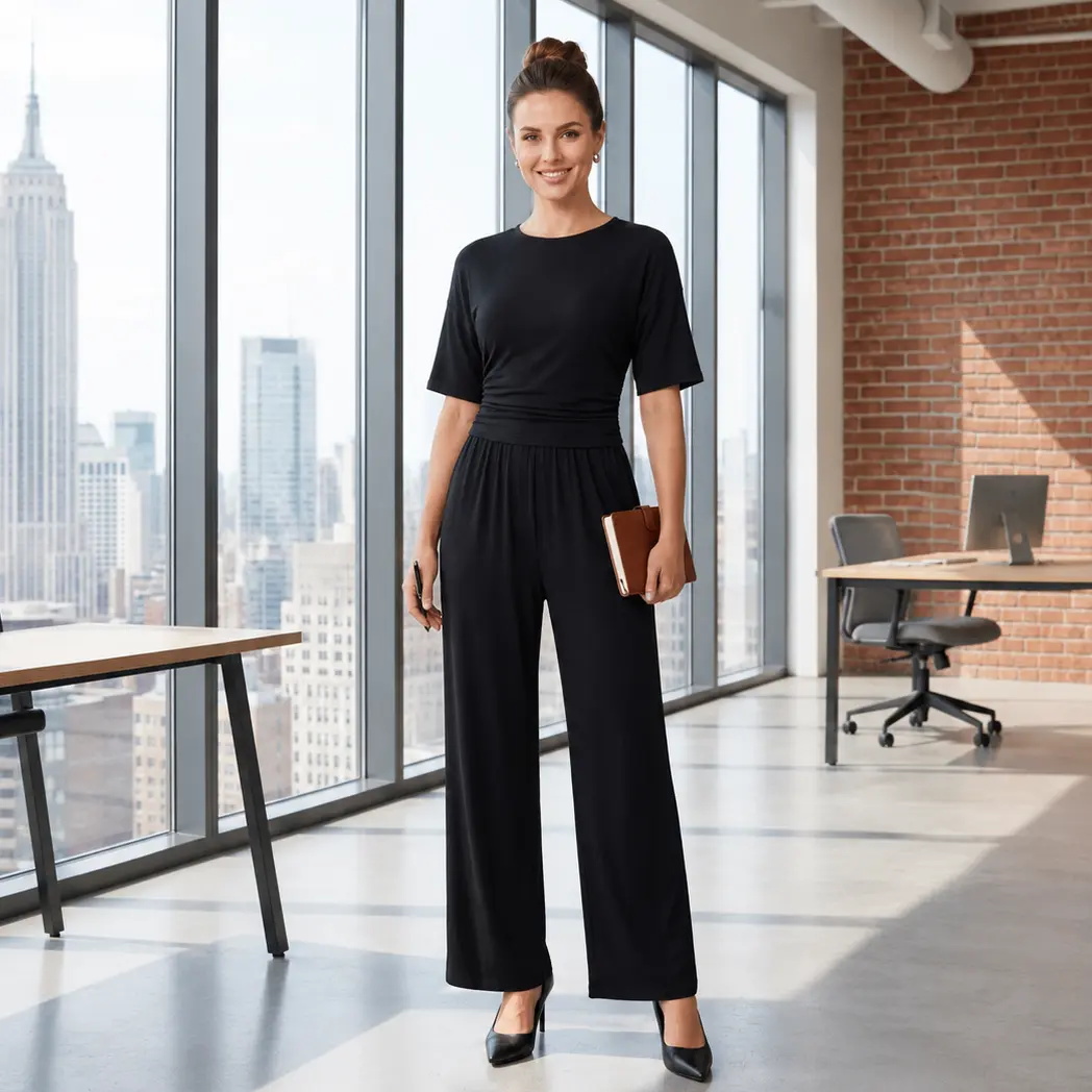 Elengatine Women Two Piece Outfit Set, Short Sleeve Ruched Crop Top with High Waisted Wide Leg Pants, Soft Stretchy Matching Set, Elegant Minimalist Casual Outfit for Work, Business Casual, Daily Wear, Office & Street Style Look