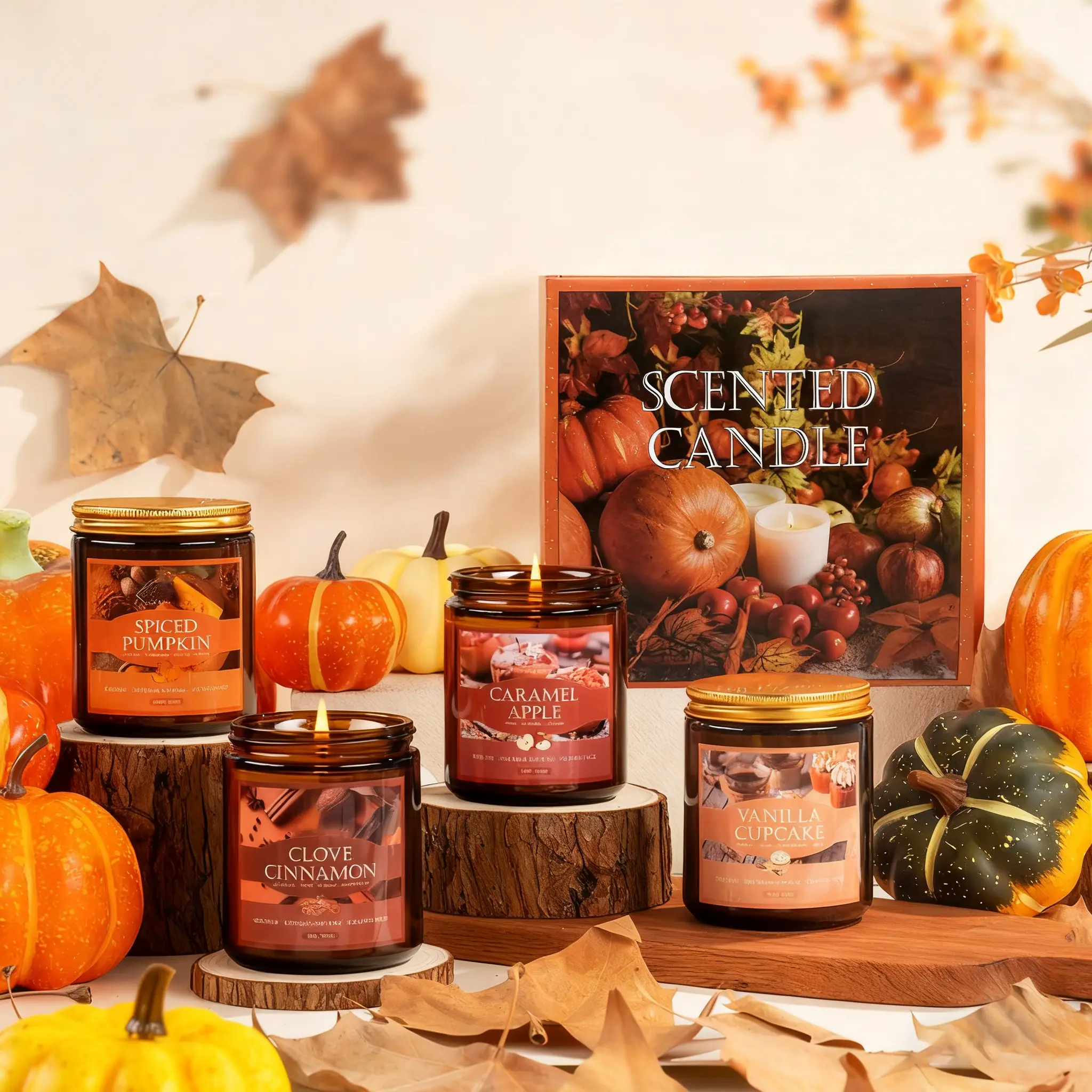 4-Pack Aroma Candles Set - Cozy, Highly Scented Minimalist Decorative Candles (Pumpkin Spice, Cinnamon, Caramel, Vanilla Cupcake) for Thanksgiving Decoration, Home Relaxation