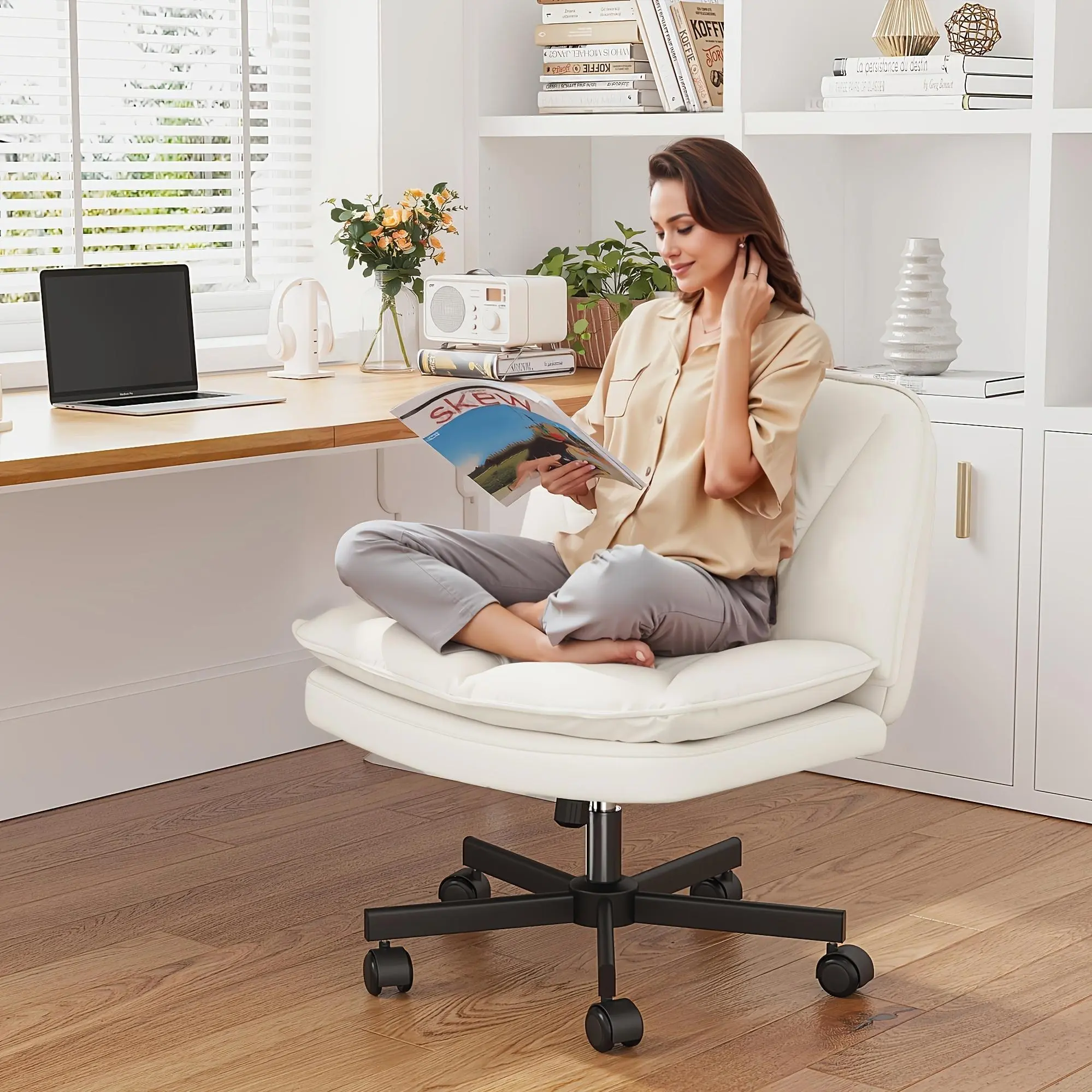 27" W Criss Cross Chair With Wheels, Cross Legged Office Chair, Comfy Vanity Chairs With Wheels And Back, Swivel Armless Office Chairs, 2-Layer Cushion, Height Adjustable, Home Office