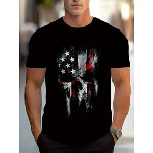Fashion The American Dream Mask Men's Patriotic Skull & USA Flag 3D Print Cotton T-Shirt - Street Style Crew Neck Short Sleeve, Regular Fit Casual Top for Holidays, Parties & Daily Wear - All-Season Comfort, Machine Washable, Cool Gift for Men