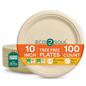10 Inch Bagasse Disposable Paper Plates 100% Compostable Round Biodegradable Ecofriendly Dinner Plate for Party & Catering | Leaf-proof & Microwave Safe