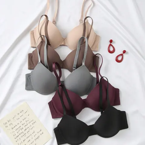 5-piece Set Of Women's Basic, Simple, Minimalist, Versatile, Smooth, Fitted, Casual, Push-up, Everyday Bras for Enhanced Support and Comfort, Perfect for All Seasons, Underwear, Solid Basic Bra