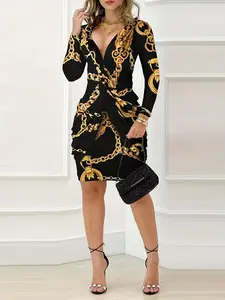 Women's Chic Chain Print Twist Ruched Bodycon Dress, Elegant Fashion Longsleeves V Neck Short Dress for Party, Homecoming Dresses, Dresses for Women, Women Dress for Spring Fall, Vintage Girly Clothes
