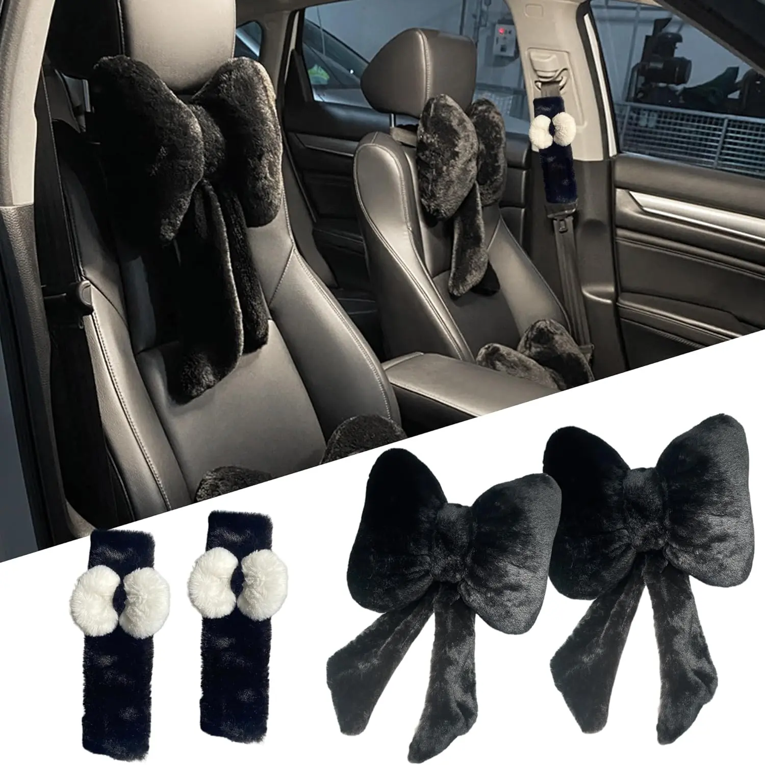Pillow 2 count Plush Bowknot  Headrest Pillow  Comfortable  Support for Driving Soft  Fabric  Pillow Cute Interior Decor (Black Set 4 count)