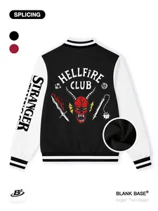 Stranger Things Hellfire Club Print Baseball Jacket, Casual Breathable, Unisex Sports Wear, Trendy Fashion Coat