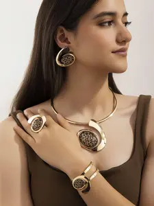 Elegant Leopard Print, 5-Piece Necklace Earrings Ring Bracelet, Vintage Style Accessories for Women, Fashionable Jewelry Set