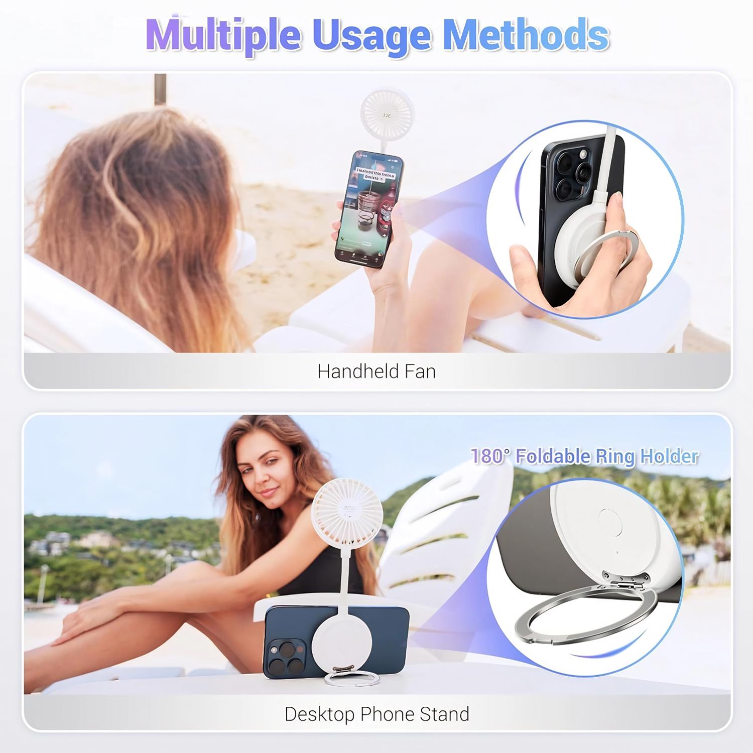3 Speed Adjustments Magnetic Cell Phone Fan Handheld Folding Mini Fan USB Rechargeable Fan with Stand for Desktop Classroom Bedroom