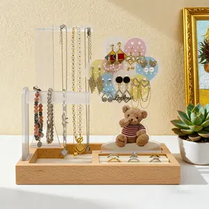 Teddy Bear Balloons Acrylic Jewelry Organizer Stand with Wood Base, Earring Necklace Bracelet Holder and Ring Tray