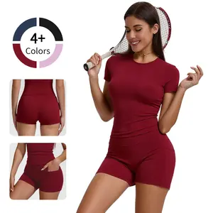 Women's Casual Sport Yoga Set - Solid Color Short Sleeve Top & High-Waist Shorts, Perfect for Running, Yoga, Fitness, and Casual Wear
