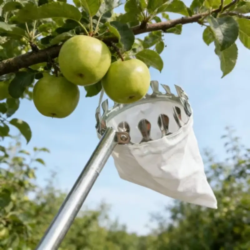 Anti-fall High Tree Fruit Picker, Durable Metal Picking Head with Large Non-woven Collection Bag for Apple Mango Lemon Orange Garden Harvest