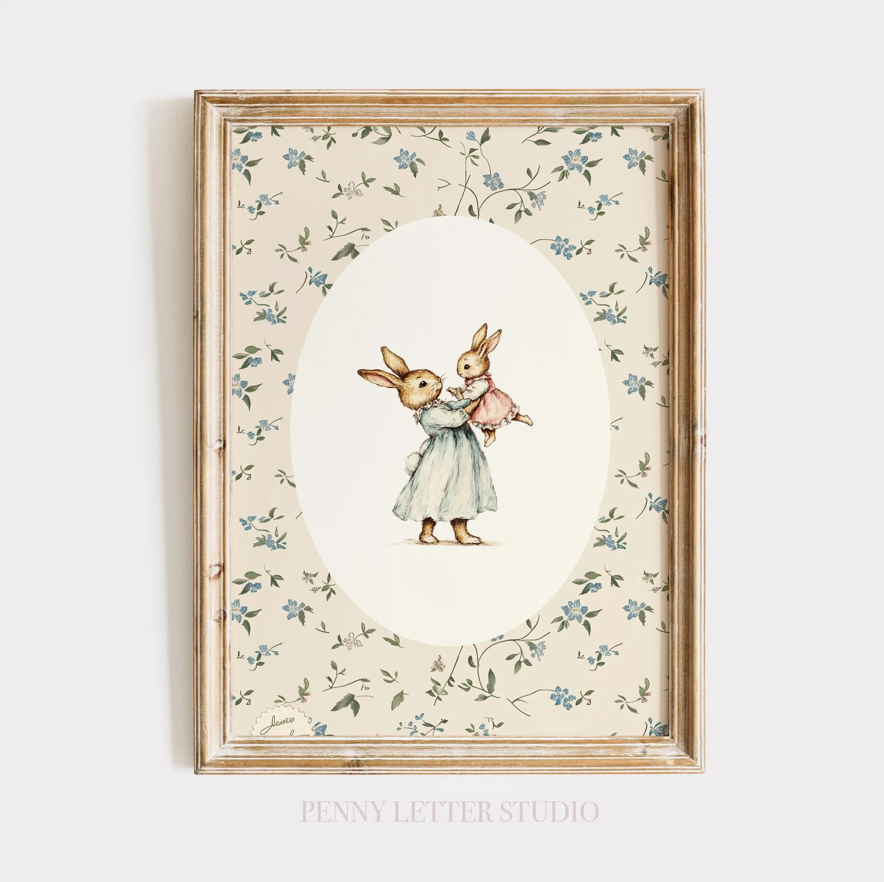 [Unframed] Vintage Rabbit Mother and Baby Yellow Floral Print: Sunny Bunny Nursery Art