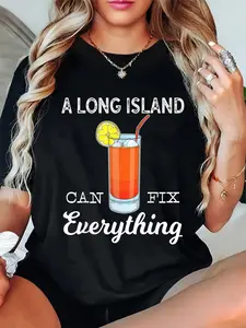 100% Cotton Unisex Chic Long Island Iced Tea Graphic Tee - 100% Cotton, Casual Crew Neck T-Shirt for Women, Machine Washable