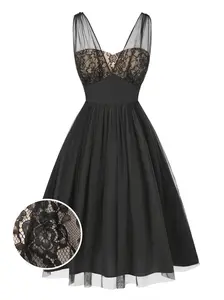 BLACK 1950S LACE FLORAL MESH SWING DRESS Casual Womenswear
