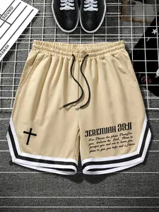 Men's Cross & Letter Print Drawstring Baggy Shorts, Loose Casual Streetwear Striped Trim Elastic Waist Pocket Track Shorts Polyester for Summer, Fashion Men's Baggy Bottoms for Daily Wear