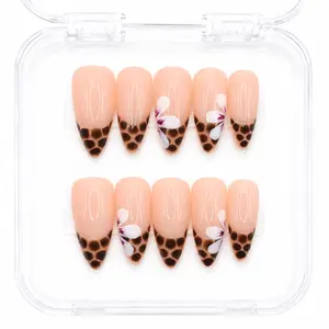 Sexy Bae — Boba Print French Tip Stiletto Press-On Nails with Lily Floral Art