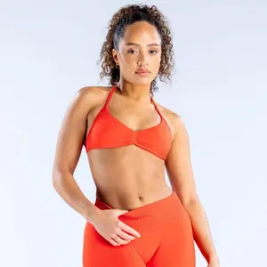 Seamless, highly elastic ultra-smooth matte nylon women’s halter sports bra with logo; comfortable yoga/fitness bra made from smooth matte fabric; lightweight activewear for gym training outfits.