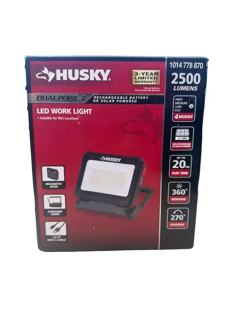 2500 Lumens Dual-Power LED Work Light, Rechargeable Battery or Solar Powered for Automotive & Motorcycle Use