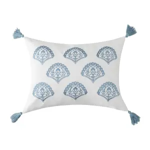 Cabana Stripe Blue Embroidered Medallion Pillow