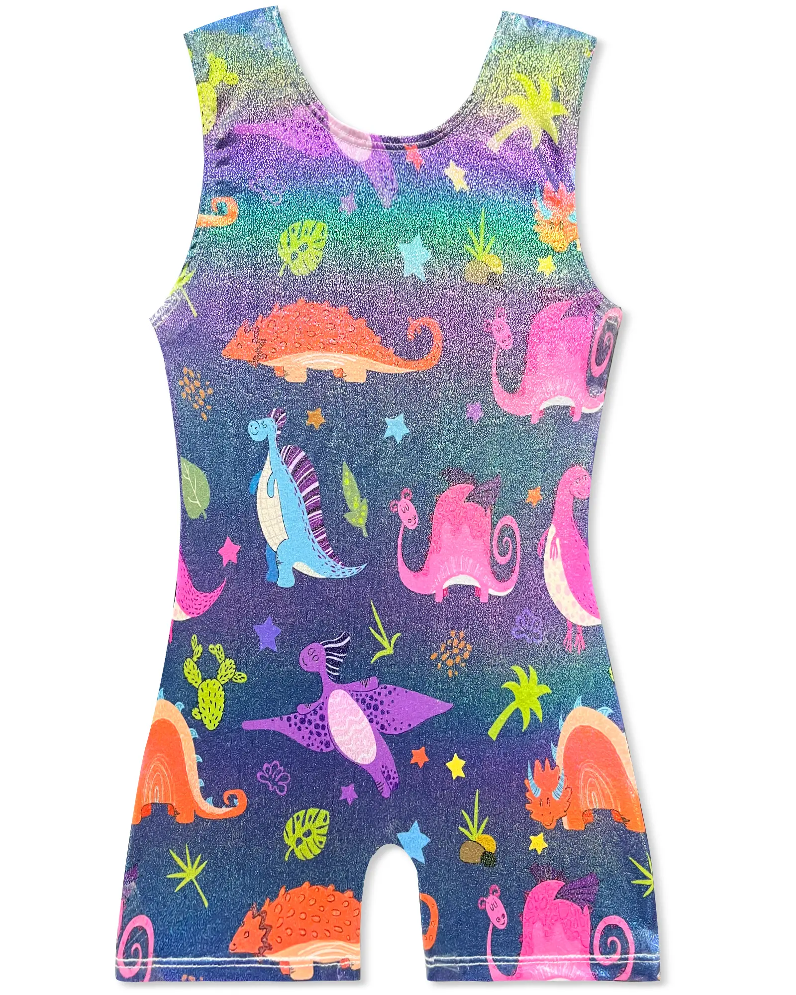 Sparkle Dinosaur Biketard for Girls, Sleeveless Gymnastics Wear with Higher Neckline for Toddler Party & Dance
