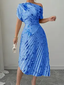 Fashion Women's Dress, Asymmetrical Neckline Embellished Fitted Print Midi Dress, Pleated Irregular Hem, Perfect for Parties, Vacation, Outdoors