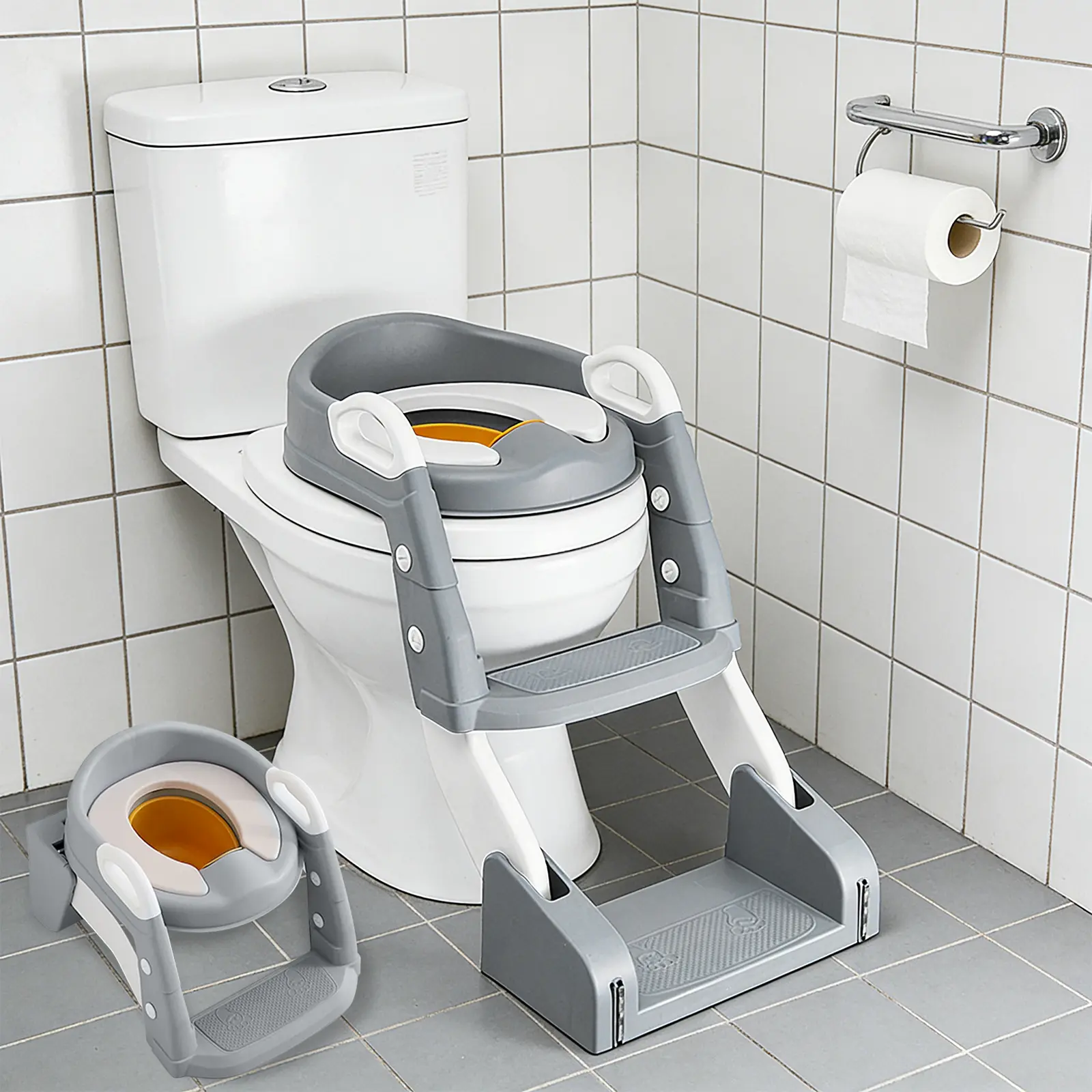 2-in-1 Toilet Seat / Potty Training Seat (with 2-Step Ladder) – Features Splash Guard and Adjustable Height (Grey/Blue)
