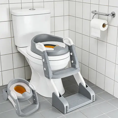 Toddler PVC 2-in-1 Potty Trainer Seat with 2-Step Ladder, Splash Guard, Adjustable Height - Portable Toilet Seat for Toddlers (Grey/Blue)